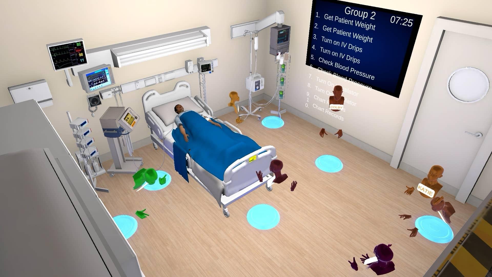 A simulated virtual ICU room in a hospital with a patient in a bed surrounded by various equipment and several avatars of students circled around the bed. A large billboard on the wall lists tasks like "Get patient weight" "Turn on IV Drips" "Check Blood Pressure".