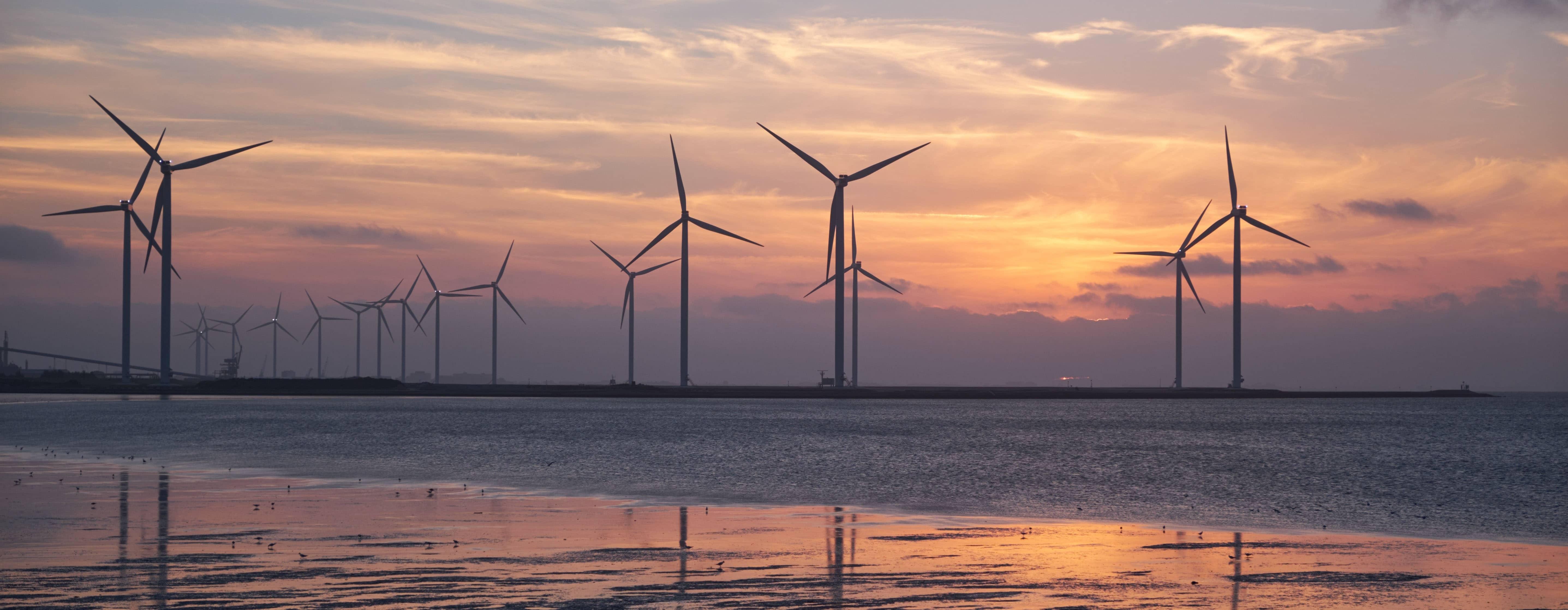 Wind turbines on ocean coast with sun setting.