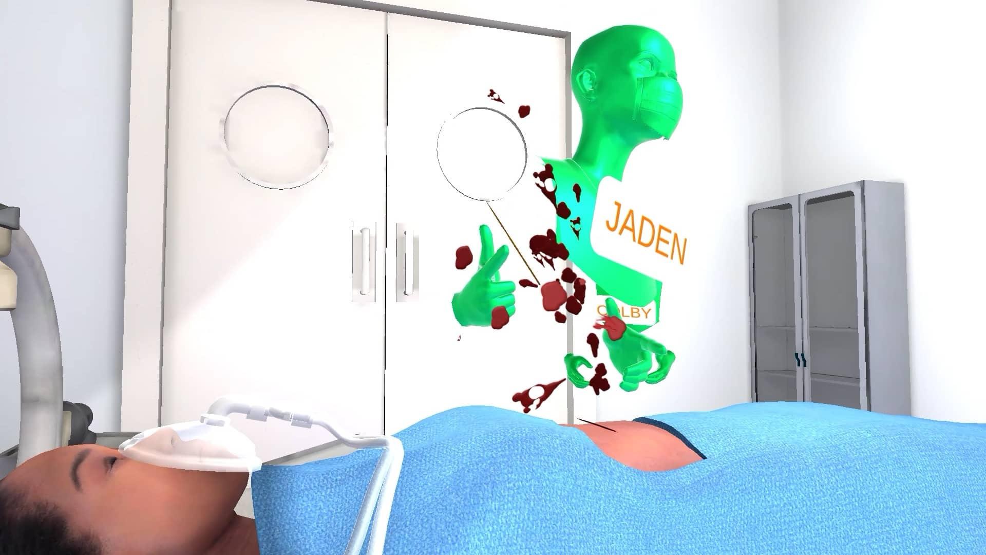 A simulated virtual operating room, all white with metal cabinets and instruments, close up on patient on operating table and avatar of student (green) using a virtual scalpel to make an incision in the patient. Virtual blood is spurting from the incision.