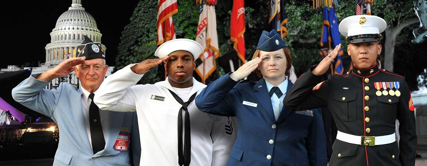 Service members and veteran saluting