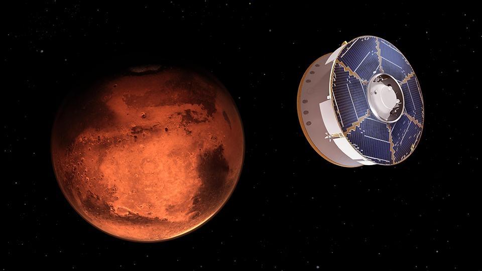 An animation of a space probe approaching Mars.