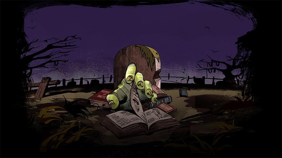A drawing of a zombie hand rising from the grave to turn the pages in a book.