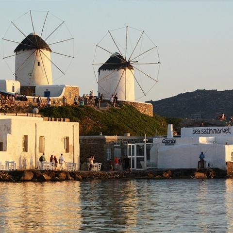 Windmills overlooking the water on Mykonos