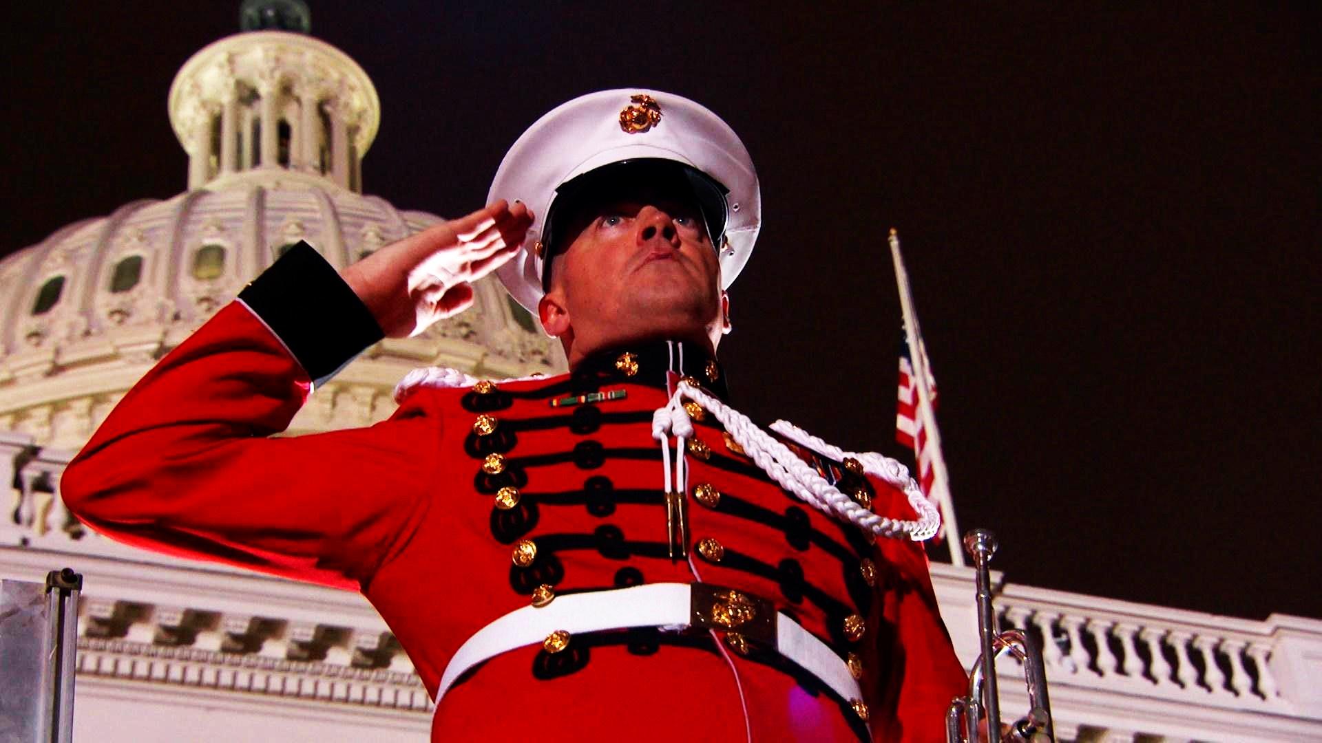 A member of the Marine Band salutes in front of the US Capitol.