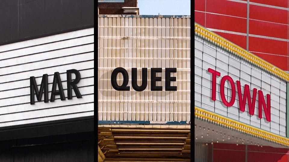 A collage of theater marquees that spell out Marqueetown.