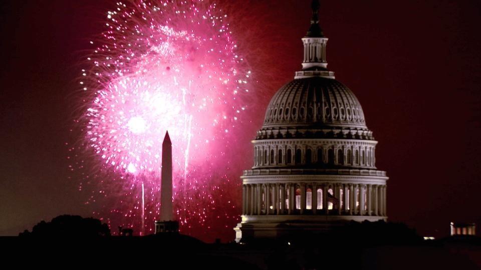 Fireworks over the US Capitol and Washington Monument.
