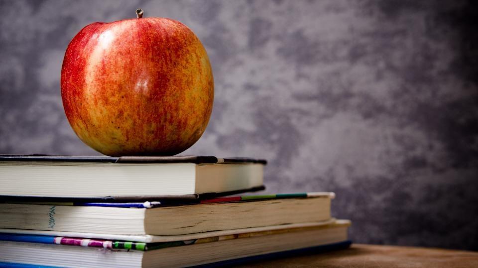 An apple on a stack of books.