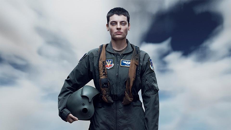 Jess in her fighter pilot uniform.