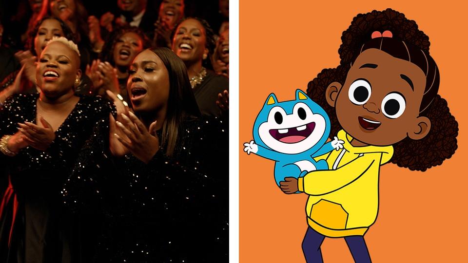 Left: A Gospel choir performing. Right: Cartoon characters Lyla and Stu.