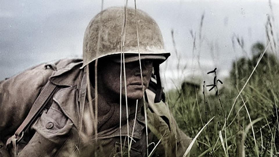 A soldier crawls through the grass in the Korean War.