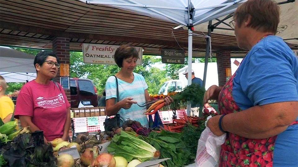 Two women shopping at a farmer's market.