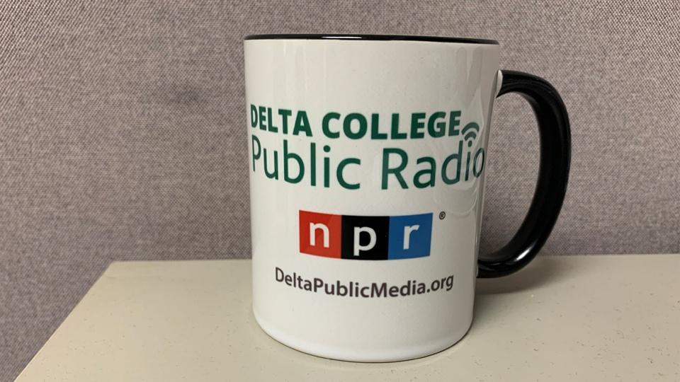 Delta College Public Radio logo on reverse side of PC Jazz Hour mug