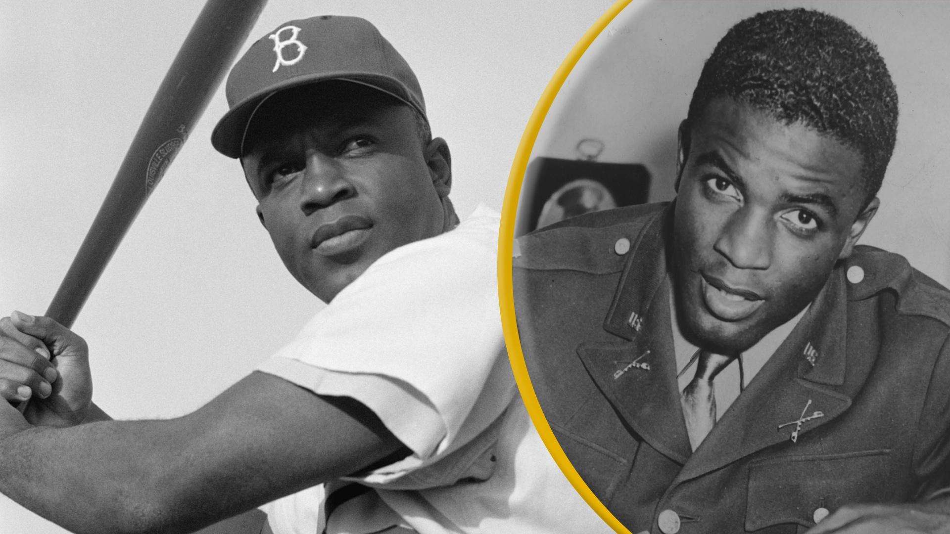 Two pictures of Jackie Robinson- one of him playing baseball and one of him in an Army dress uniform.