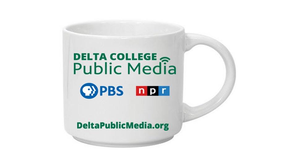 White coffee mug with Delta College Public Media logo.
