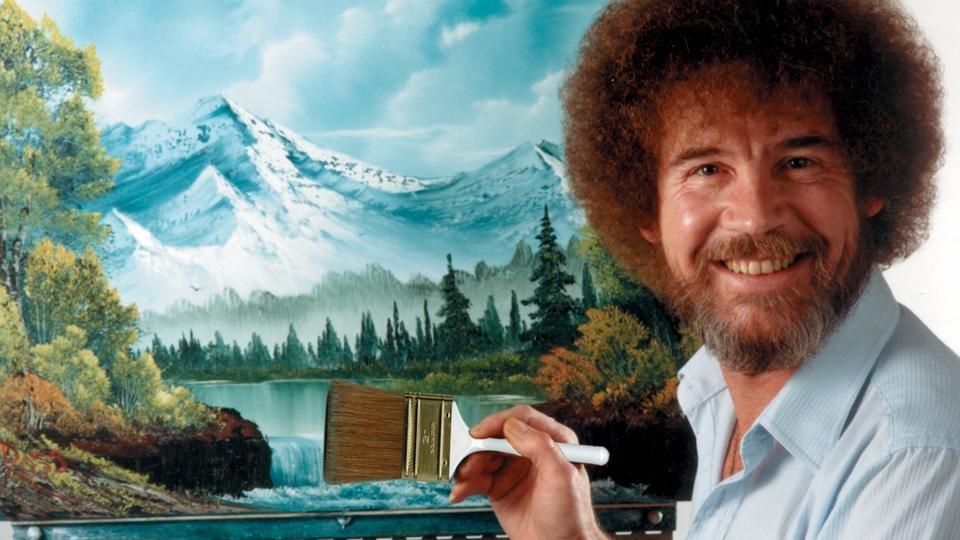 Bob Ross painting a river flowing through the mountains.