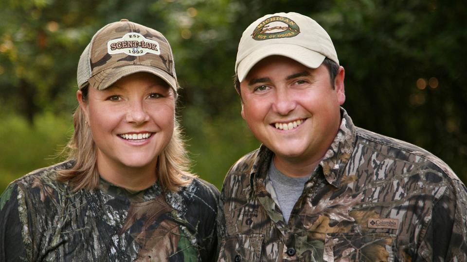 Michigan Out of Doors hosts Jenny Olsen and Jimmy Gretzinger in the woods.