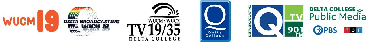 Evolution of the Delta College Public Media logo: Orange WUCM 19 logo, Delta Broadcasting WUCM 19/WUCX 19 rainbow fountain logo, WUCM & WUCX TV 19/35 Delta College logo with stylized fountain, Q Delta College logo on a vertical blue shield, Delta Broadcasting Q-TV and Q-90.1 FM logo in blue and green boxes, and the current Delta College Public Media logo with the PBS and NPR logos beneath.