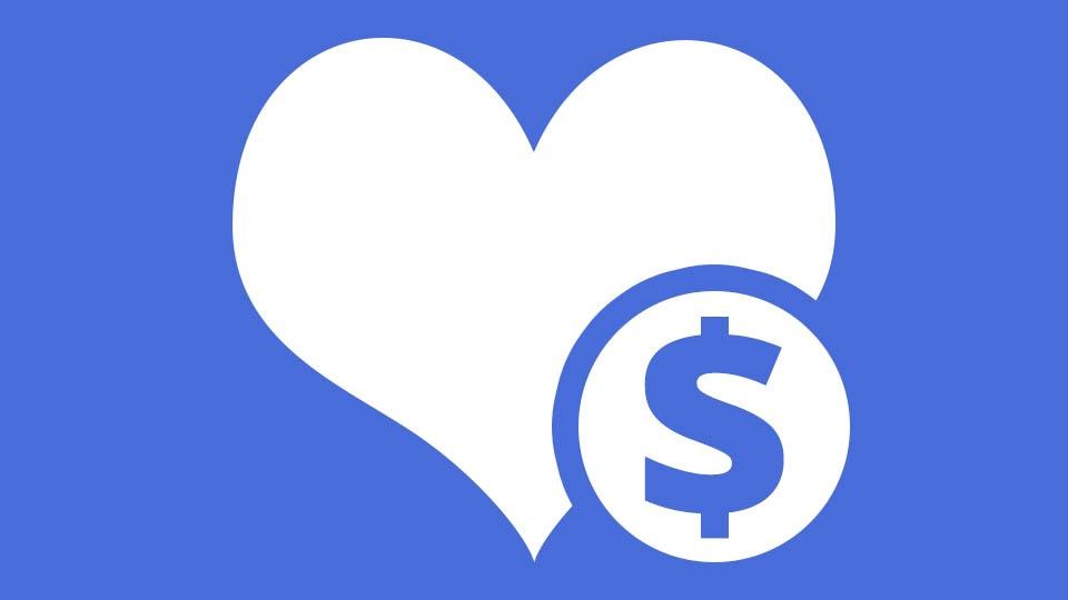 A stylized heart with a dollar sign on a coin.