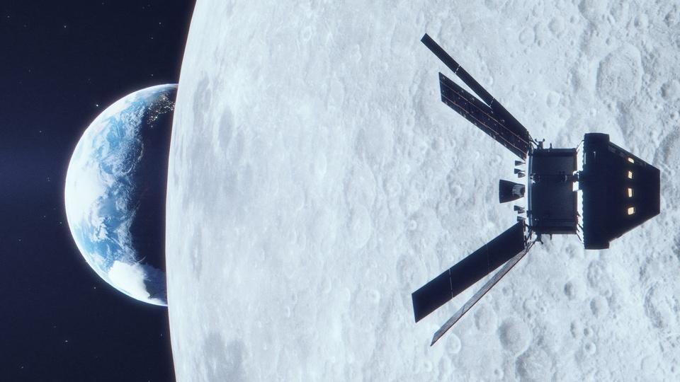 The Artemis II mission orbits the moon with the Earth visible in the background.