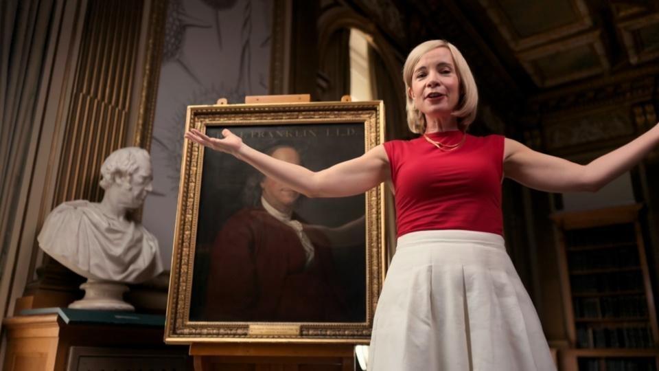 Lucy Worsley stands in front of a portrait of Benjamin Franklin.
