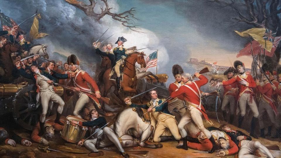 A painting of a battle in the American Revolution.
