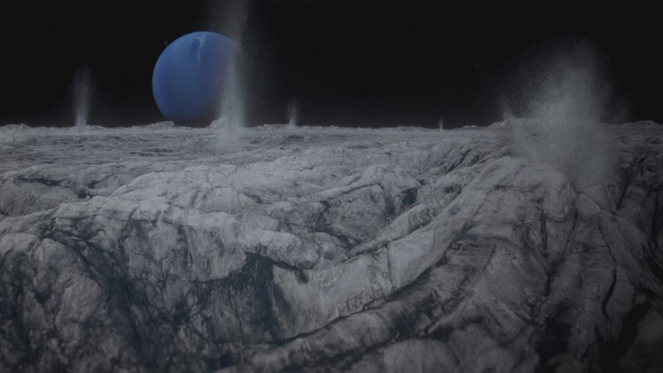 An artist's rendering of Triton with Neptune in the background.