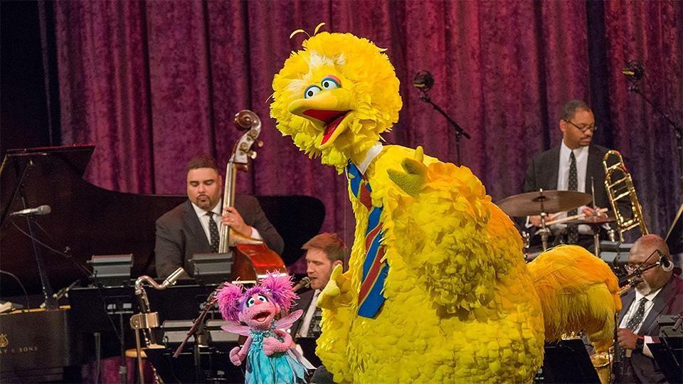 Big Bird and Abby Cadabby on stage with the Jazz at Lincoln Center Orchestra.