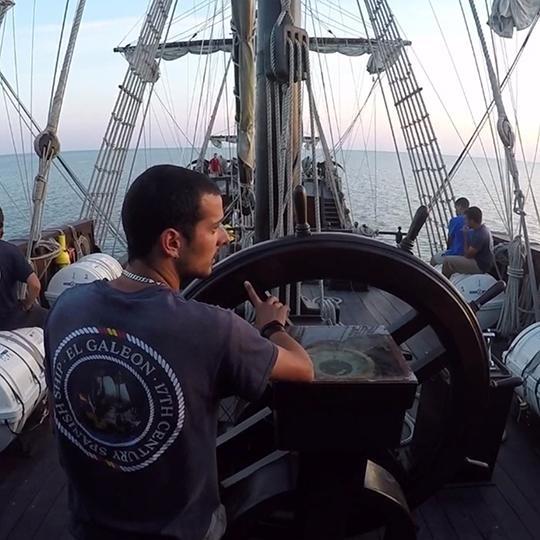 A view of El Galeon from behind the ship's helm.