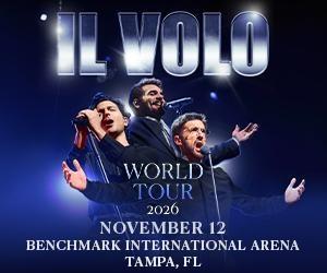 The three members of Il Volo singing. A blue background with text promoting their Nov 12 concert at Benchmark Arena