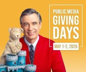 Public Media Giving Days | Mr Rogers in a red sweater holding a Plush Bear