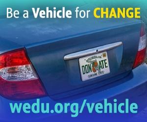 Back of a blue car. The license plate reads "Donate"