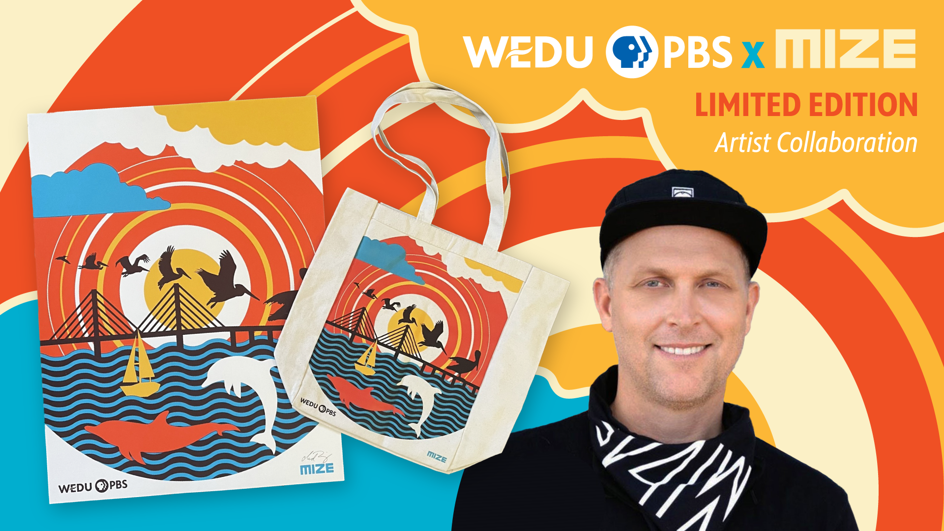 Chad Mize alongside limited edition print and tote bag