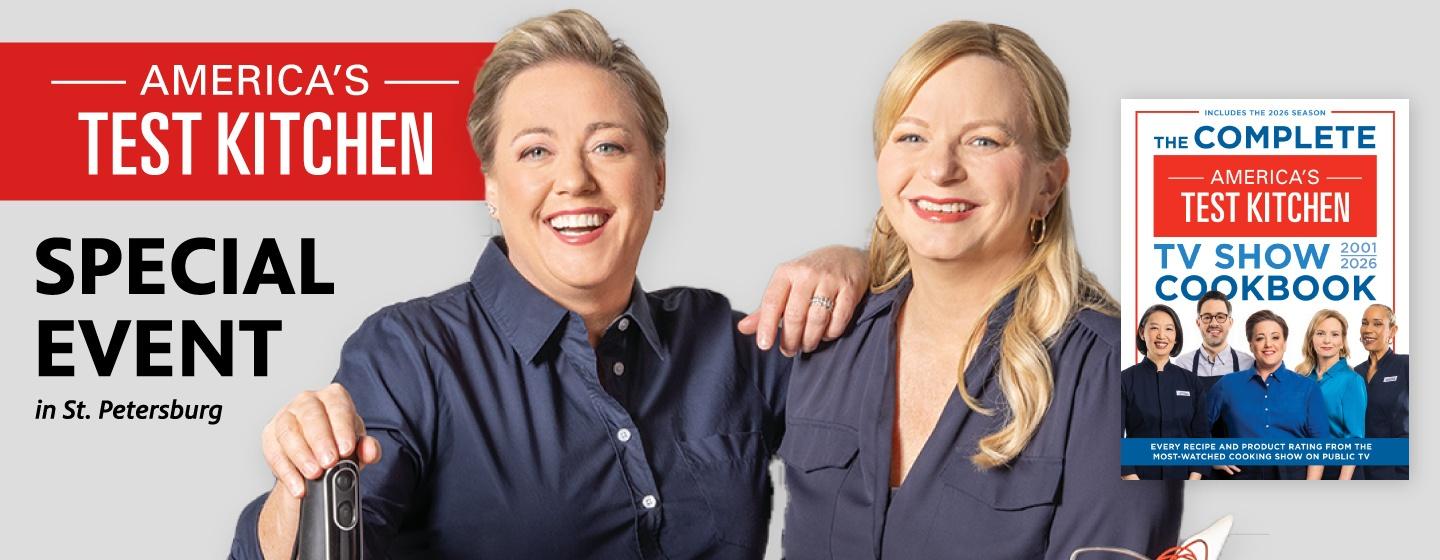 Co-hosts Julia Colling Davison and Bridget Lancaster next to a copy of The Complete ATK TV Show Cookbook