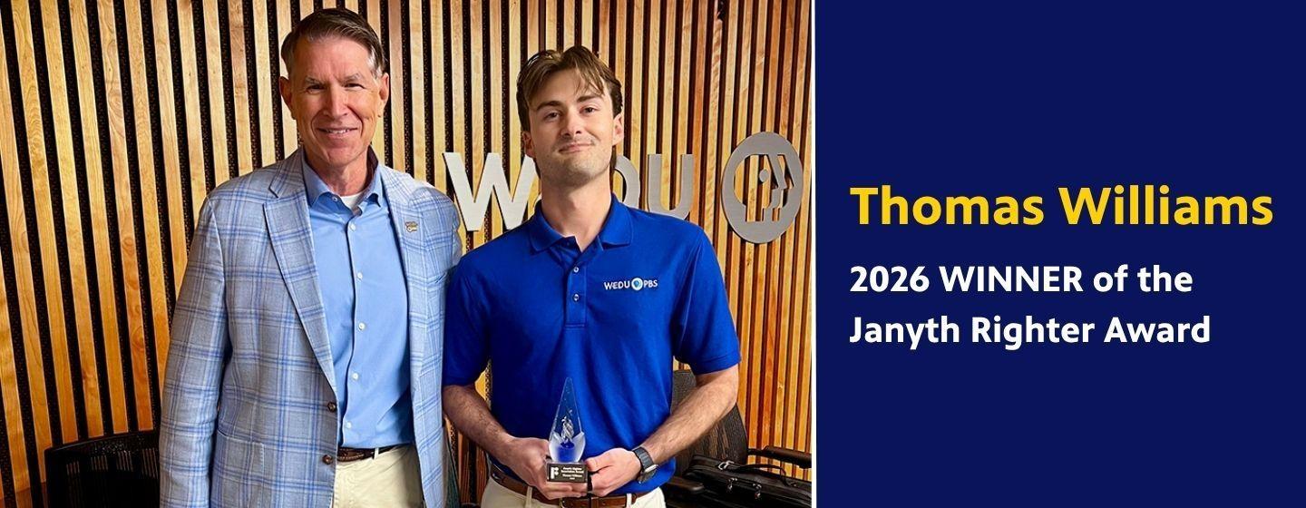 WEDU PBS CEO Paul Grove standing next to 2026 Janyth Righter Award winner, Thomas Williams