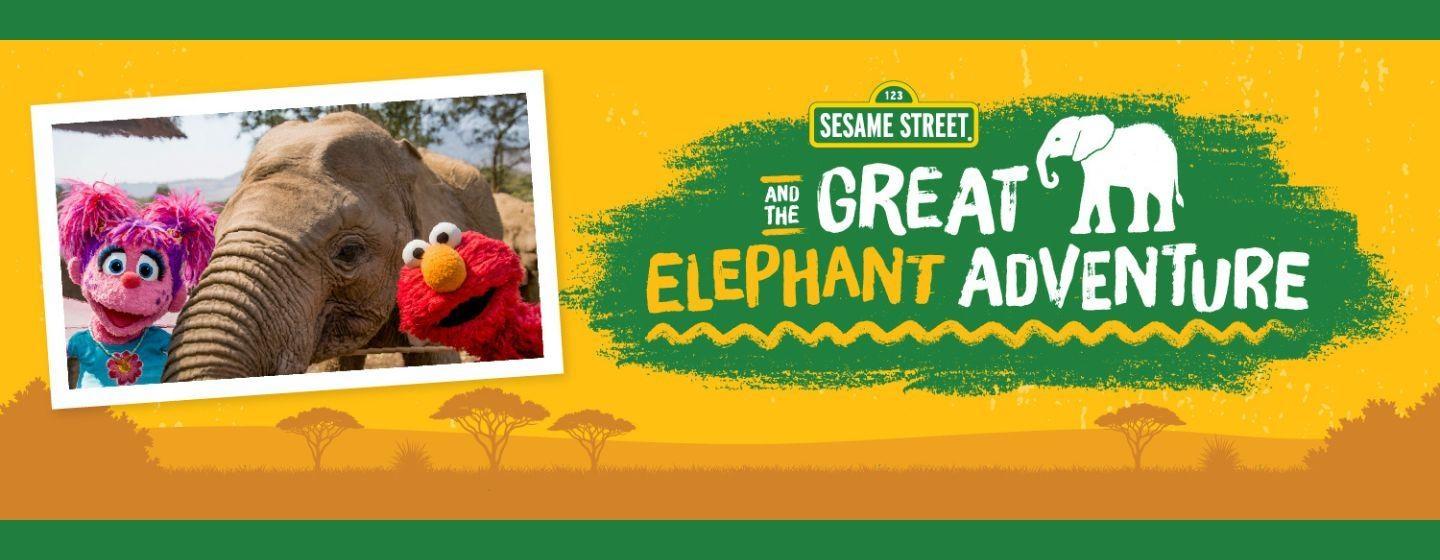 Elmo and an elephant, along side the logo for the show