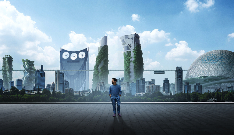 Man standing in front of a futuristic cityscape
