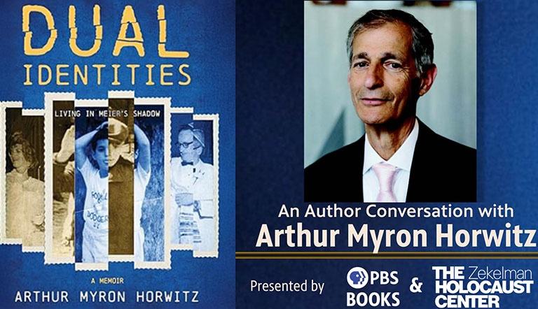 Picture of author Arthur Myron Horwitz to the right of his book cover, Dual Identities
