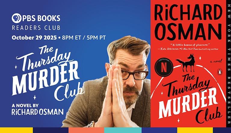 Author Richard Osman next to a copy of The Thursday Murder Club