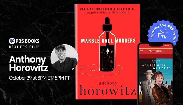 Small picture of author Anthony Horowitz next to a large copy of the book Marble Hall Murders. A phone is at the bottom right with the TV show thumbnail displaying.