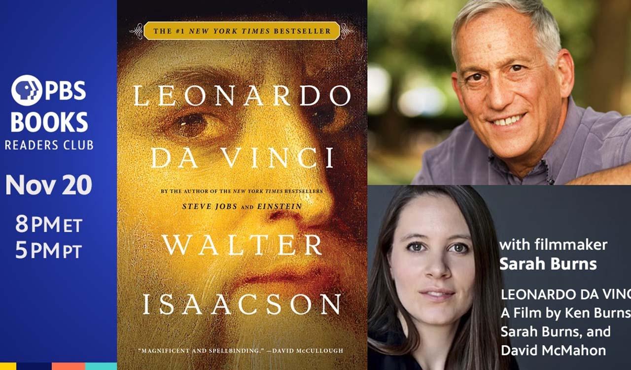 Leonardo Da Vinci Book Club event with pictures of Walter Isaacson (author) and Sarah Burns (filmmaker)