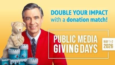 Mr Rogers in a Red Sweater Holding a stuffed animal | Text references Public Media Giving Days