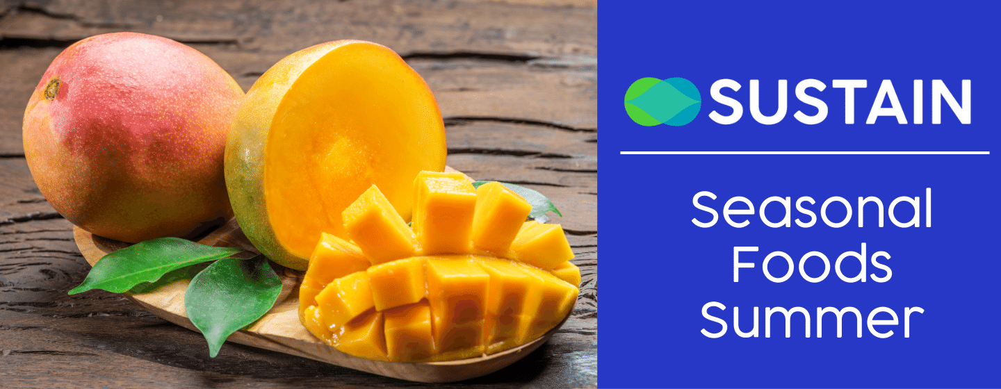 Two mangoes, one cut open crossways
