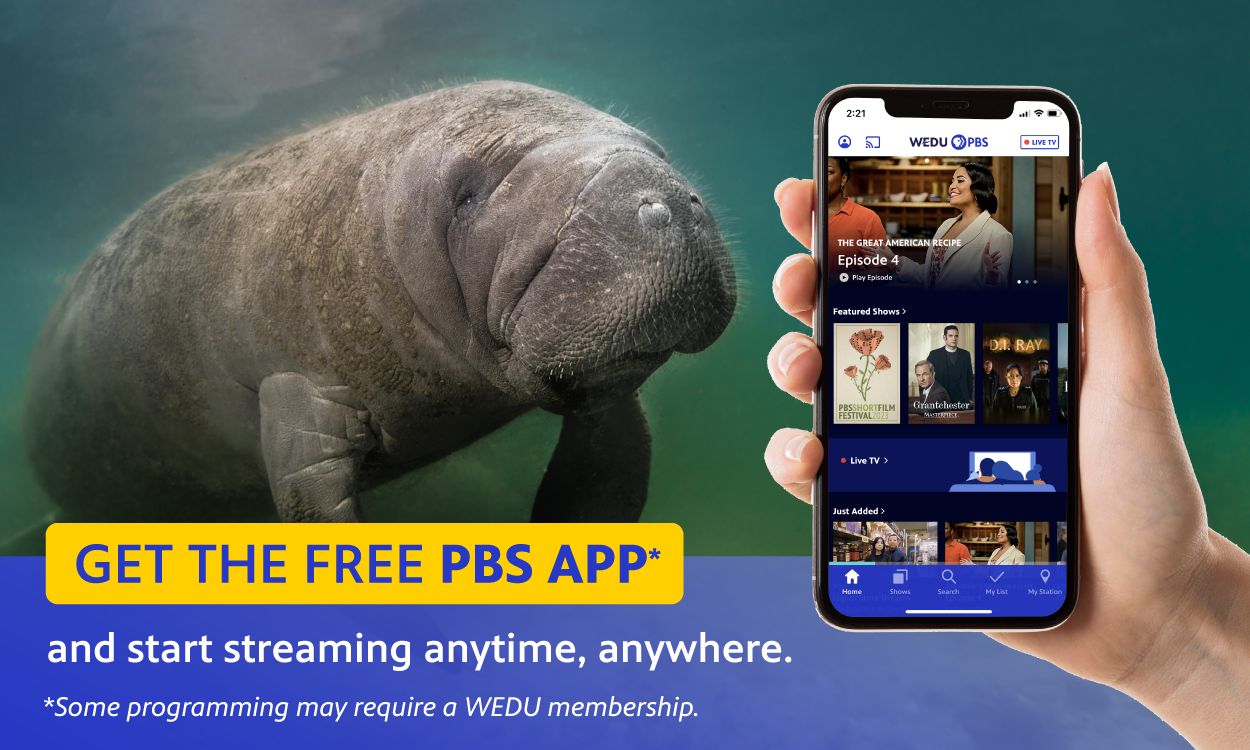 Mobile phone with the PBS App, a manatee swimming underwater in the background
