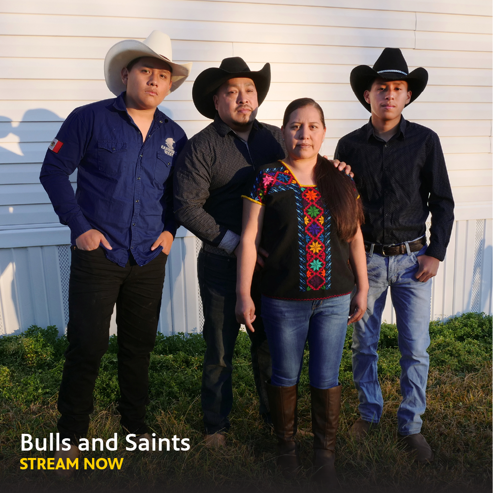 Men in cowboy hats standing behind a woman. Reads, "Bulls and Saints Stream Now".