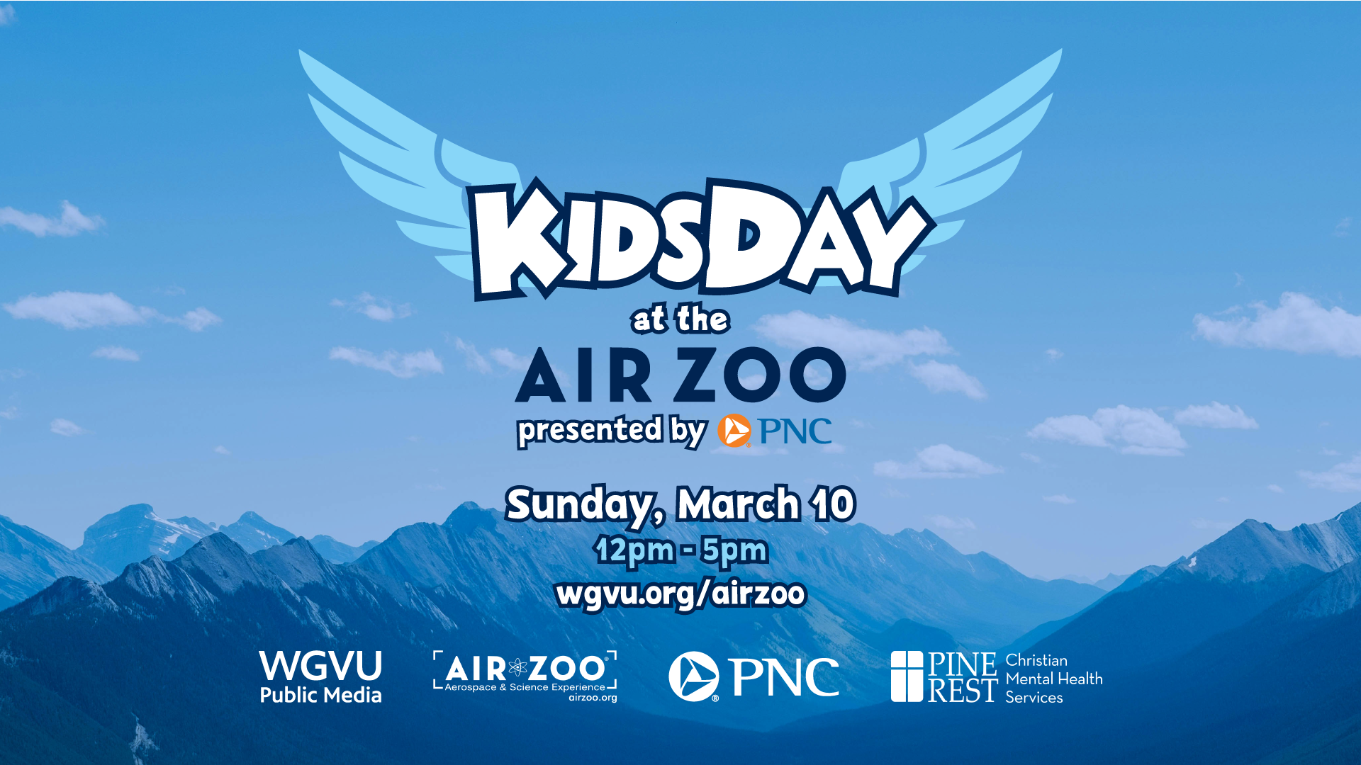 the kids day graphic with flight wings floating above moutains