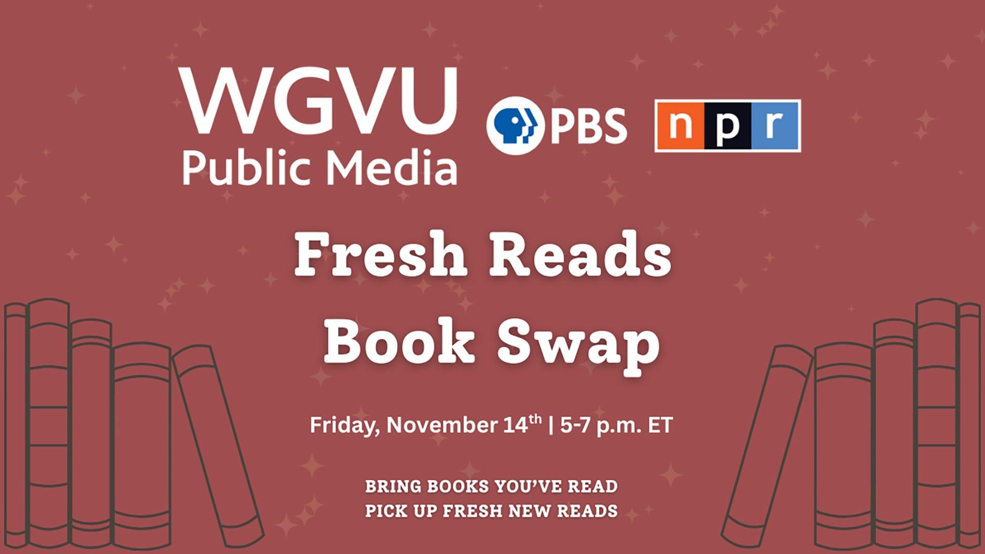a illustraited graphic of books on a shelf with text that says Fresh Reads Book Swap