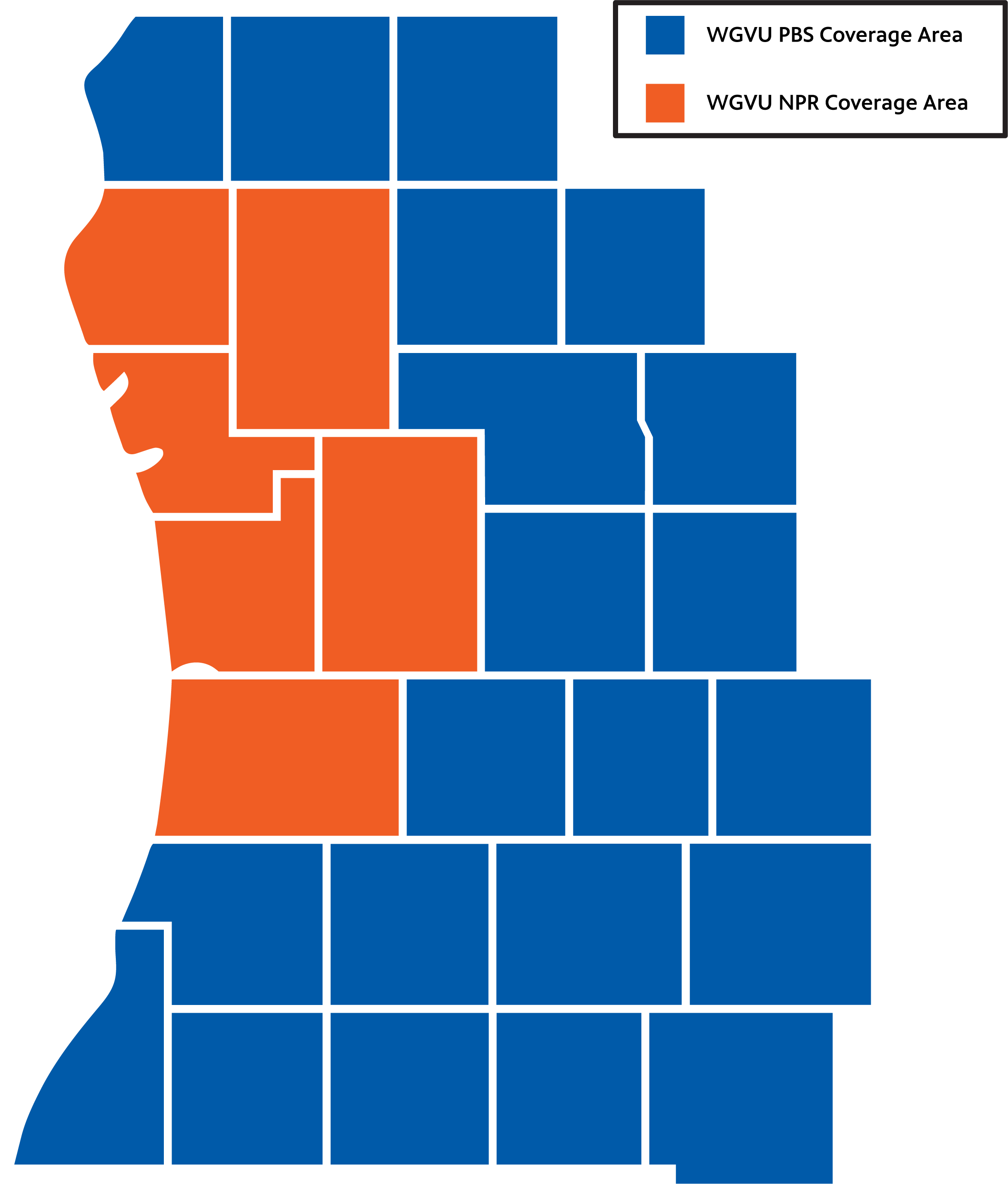 The WGVU PBS and NPR coverage map of West Michigan counties