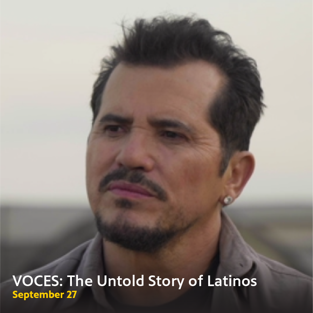 Close up picture of the face of a Latino man with facial hair, with a faded background. Reads, "VOCES: The Untold Story of Latinos September 27".
