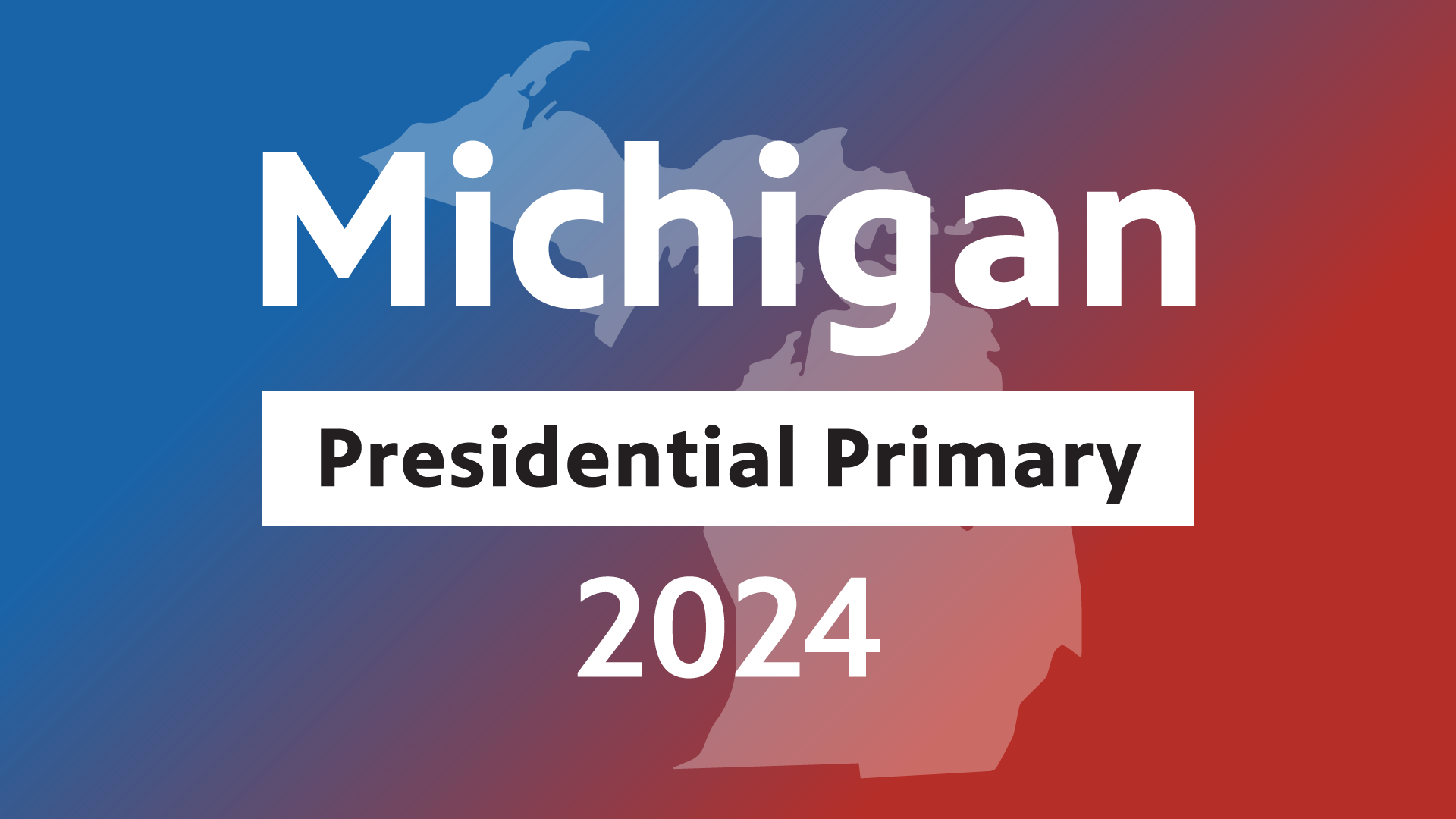 A graphic ouline of the state of michiagn with text "Michigan Presidential Primary 2024" over it