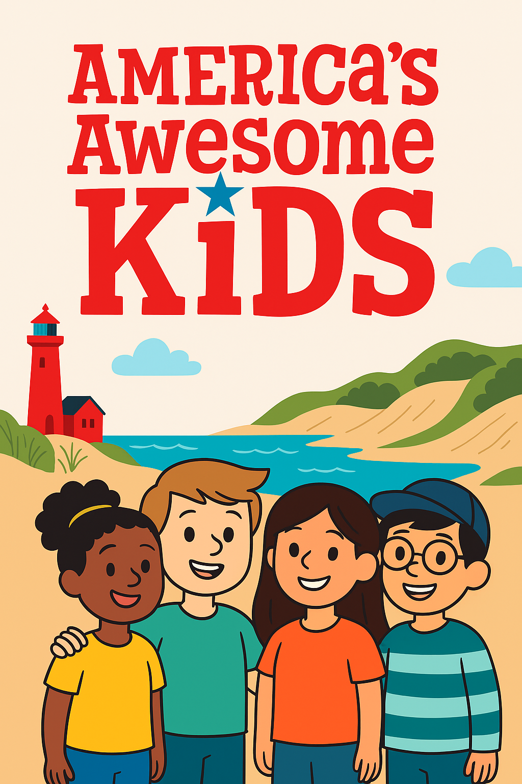 4 Kids on a Michigan Beach with a lighthouse